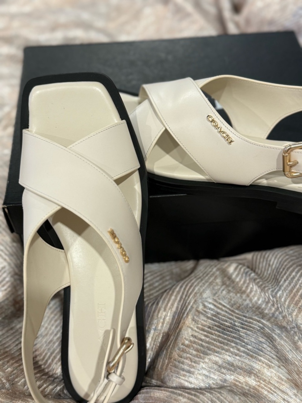 Coach Cream Leather Crisscross Slingback Sandals with Gold Accent
